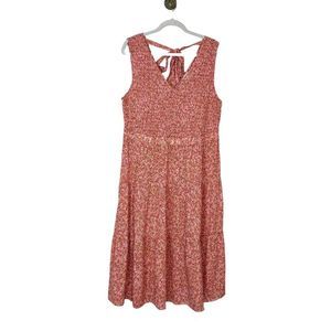 Wonderly Maxi Dress Women's XL Pink Red Cotton Floral Midi Smocked Tie Back Boho